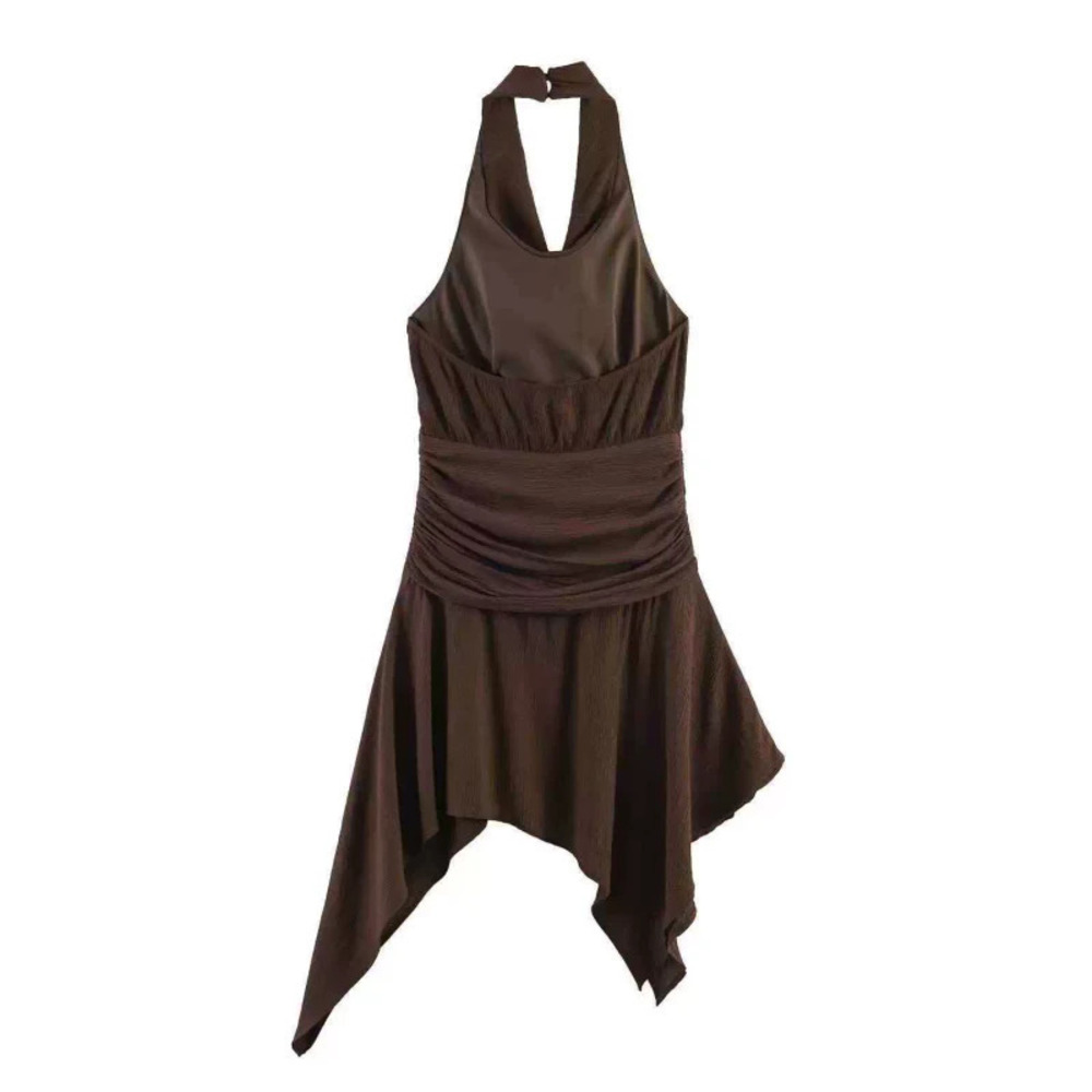 ZARA Summer Sexy Halter Neck Asymmetric Dress Dark Brown